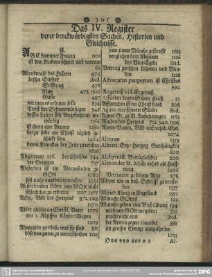 Das IV. Register derer denckwürdigsten Sachen, Historien und Gleichnisse