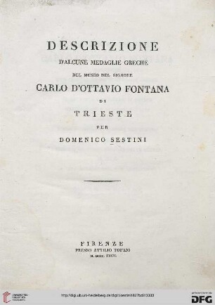 Band 2: Descrizione d'alcune medaglie greche del Museo del signore Carlo d'Ottavio Fontana di Trieste