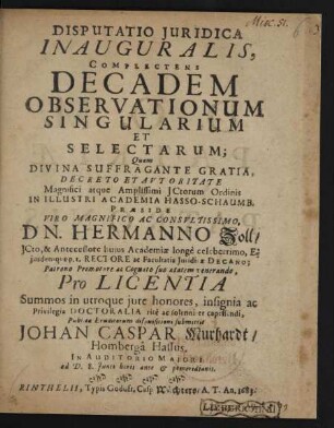 Disputatio Iuridica Inauguralis, Complectens Decadem Observationum Singularium Et Selectarum