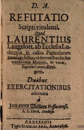 Refutatio scripti virulenti quod Laurentius Langelot ... divulgavit