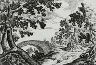 Landschaft mit Bäumen im Vordergrund, einer Steinbrücke im Hintergrund