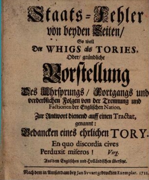 Staats-Fehler der Whigs (u. Tories)