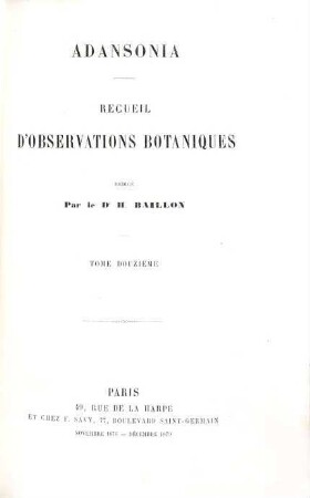 Adansonia : recueil périodique d'observations botaniques. 12. 1876/79, Nov. - Dez.