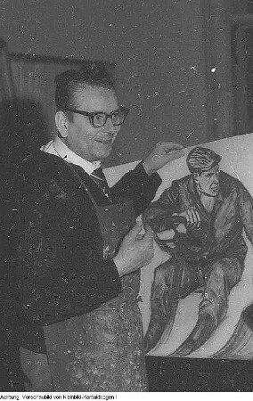 Paul Michaelis, Kunstmaler und Hochschullehrer in Dresden, während seiner Arbeit und im Gespräch mit dem Generaldirektor der Dresdner Museen, Max Seydewitz, 1962