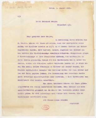Brief an Bernhard Sekles : 05.08.1921