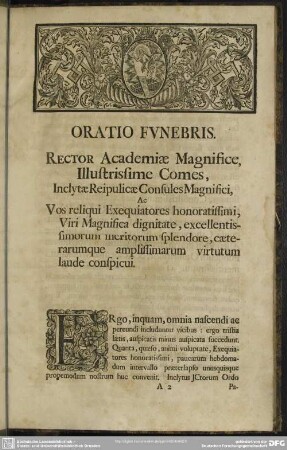 Leichenpredigt : Oratio Funebris