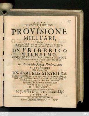 Dissertatio Juridica De Provisione Militari