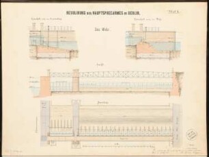 Flussregulierung der Spree, Berlin-Mitte Schinkelwettbewerb 1876: Wehr: (in Ausschnitten:) Grundriss, Ansicht, Längsschnitte 1:100; Maßstabsleiste