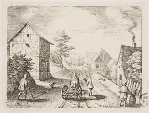 Dorfstraße mit Passanten und Pferdewagen