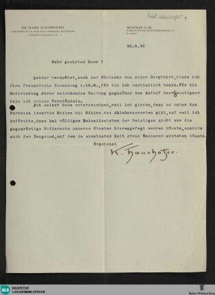 Brief von Karl Haushofer an Leopold Ziegler, 1930 - K 3053a