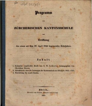 Programm der Zürcherischen Kantonsschule. 1843/44 (1844)