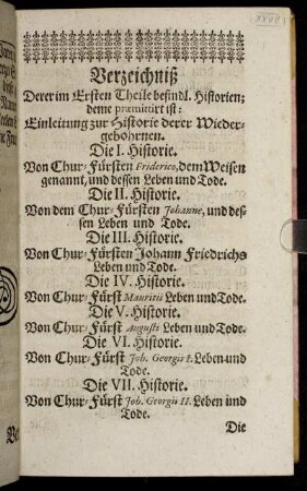 Verzeichniß Derer im Ersten Theile befindl. Historien.