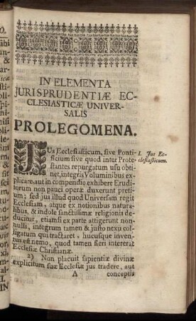 In Elementa Jurisprudentiæ Ecclesiasticæ Universalis Prolegomena.