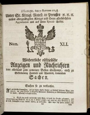 Num. XLI. Montags, den 7. October 1748.
