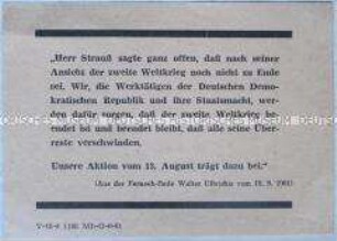 Handzettel mit einem Zitat aus der Rede von Walter Ulbricht zur Rechtfertigung der Grenzsicherungsmaßnahmen der DDR am 13. August 1961