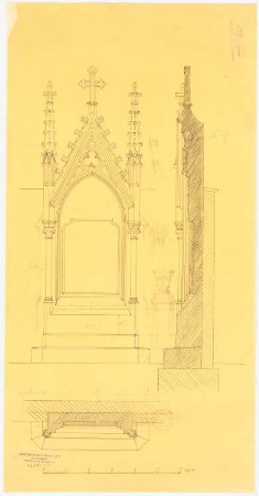 Altar ? Grabmal (?): Aufriss Schnitt Grundriss, Maßstabsleisten (Fuß rhl.)
