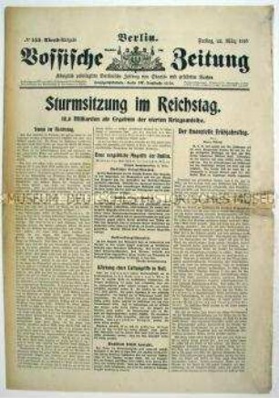 Tageszeitung "Vossische Zeitung" u.a. über die Reichstagssitzung zur 4. Kriegsanleihe