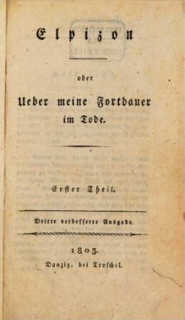 Elpizon oder Über meine Fortdauer im Tode, Erster Theil