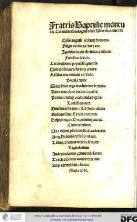 Fratris Baptiste Mantuani Carmelite theologi in divum Albertum Carmelitam.