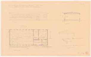 Landwirtschaftliche Hochschule, Berlin-Dahlem Holzhaus für das Seminar für Gartenkunst, Berlin-Dahlem: Grundriss, Ansicht, Querschnitt