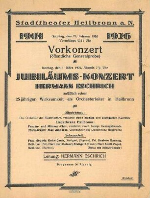 Programmzettel zum Jubiläumskonzert für 25jährige Wirksamkeit von Hermann Eschrich als Orchesterleiter in Heilbronn