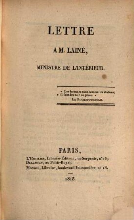 Lettre a M. Lainé, ministre de l'intérieur