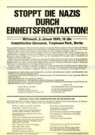 Flugblatt, das zu einer Demonstration gegen die Schändung des Treptower Ehrenmals aufruft