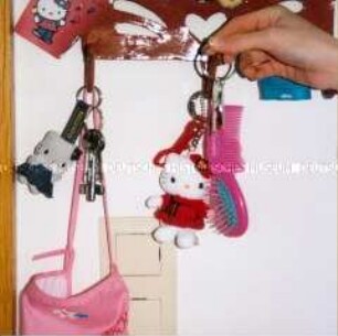 Schlüssel und Miss Kitty-Schlüsselanhänger an einem Schlüsselbrett (Altersgruppe 18-21)