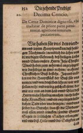 Decima Concio. De Coenae Dominicae digno usu, ubi tractatur de priore parte poenitentiae, agnitione nimirum peccatorum.