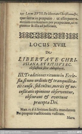 Locus XVIII. De Libertate Christiana, Et Ritibus Ecclesiasticis sive Adiaphoris