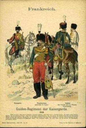 Uniformdarstellung, Trompeter, Wachtmeister und Gemeine des Guiden-Regiments der Kaisergarde, Zweites Kaiserreich Frankreich, 1859.