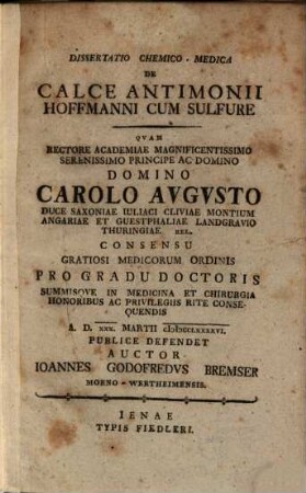 Diss. chem. med. de calce antimonii Hoffmanni cum sulfure