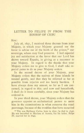 Letter to Felipe IV from the bishop of Cebu