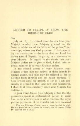 Letter to Felipe IV from the bishop of Cebu