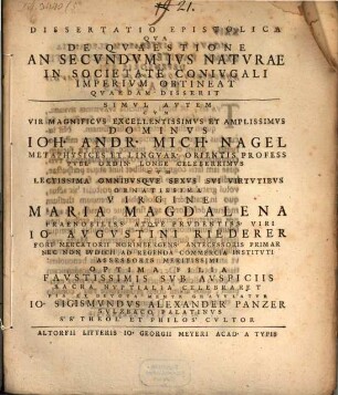 Diss epist. qua de quaestione, an secundum ius naturae in societate coniugali imperium obtineat