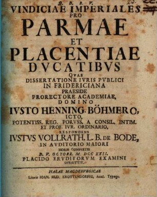 Vindiciae Imperiales Pro Parmae Et Placentiae Dvcatibvs