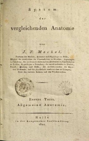 System der vergleichenden Anatomie. 1, Allgemeine Anatomie