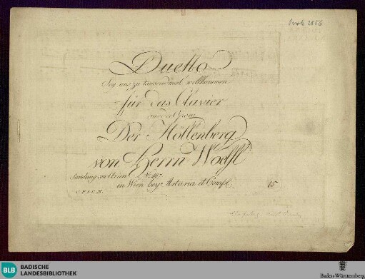 Duetto "Sey uns zu tausendmal willkommen" für das Clavier : aus der Opera Der Höllenberg