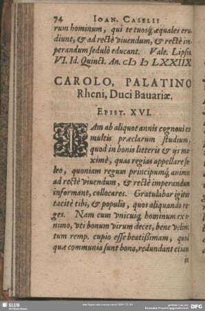 Carolo, Palatino Rheni Duci Bavariae, Epist. XVI.
