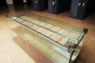 Vitrine mit Faksimile der Maya-Handschrift Codex Dresdensis. Dresden: SLUB, Foyer Zentralbibliothek