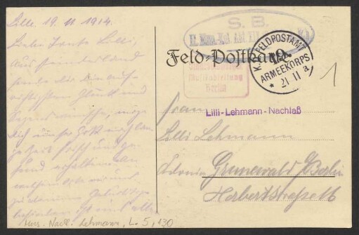 Postkarte an Lilli Lehmann : 19.11.1914