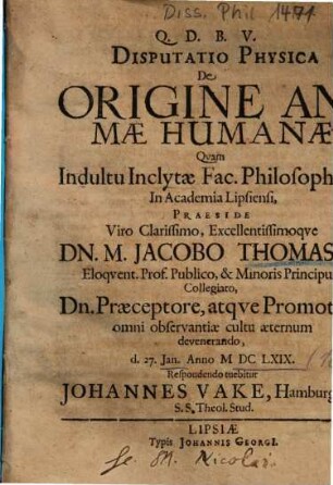 Disputatio Physica De Origine Animae Humanae