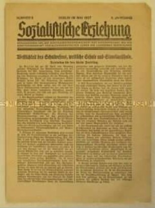 Sozialdemokratisches Mitteilungsblatt "Sozialistische Erziehung" u.a. zur Resolution an den SPD-Parteitag über das Schulwesen