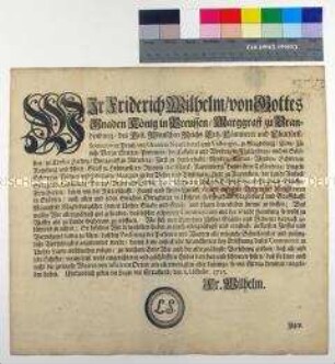 Edikt von Friedrich Wilhelm I. König in Preußen betreffend die Wiederöffnung des Handels und des Personen- und Warenverkehrs mit der Stadt Hamburg nach Abklingen der Seuchengefahr