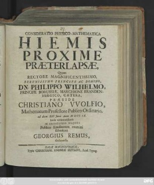 Consideratio Physico-Mathematica Hiemis Proxime Præterlapsæ
