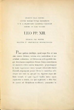 De studiis litterarum im sacro seminario Romano provehendis : Plane quidem intelligis, quod saepe Nos et non sine causa dixinms ... 20. Mai, 1885