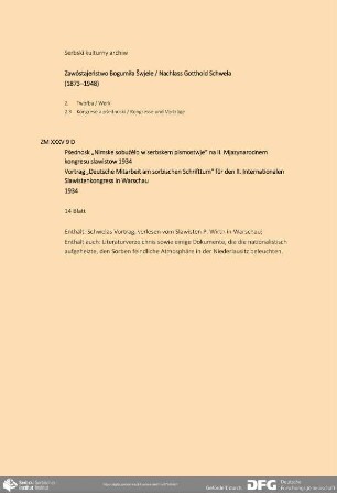 Vortrag „Deutsche Mitarbeit am sorbischen Schrifttum“ für den II. Internationalen Slawistenkongress in Warschau