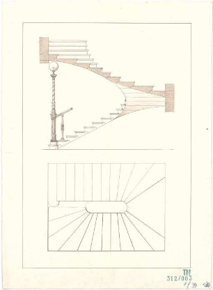 Fischer, Theodor; Studienarbeiten - Treppe (Grundriss, Ansicht, Schnitt)