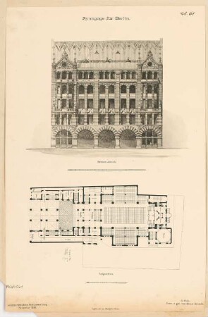 Synagoge, Berlin Monatskonkurrenz Oktober 1888: Grundriss Erdgeschoss; Aufriss Straßenansicht; Maßstabsleiste