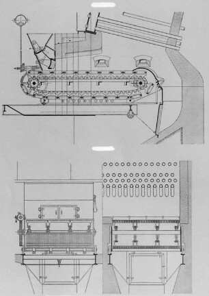 Wandrost mit Transmissionsantrieb, Schema : Technikgeschichte | Maschinenbau | Kraftmaschinen | Dampfkesselalagen, Feuerungen